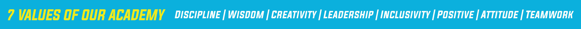 7 VALUES OF OUR ACADEMY - Discipline | Wisdom | Creativity | Leadership | Inclusivity | Positive | Attitude | Teamwork
